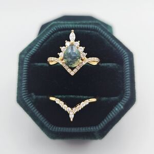 Natural Moss Agate Pear Cut Ring and Band Set GP Sterling Silver New